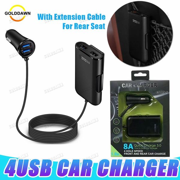 Caricabatterie per telefono cellulare per auto USB a 4 porte con cavo di prolunga da 1,7 m per caricabatterie rapido per auto QC 3.0 per sedile posteriore posteriore