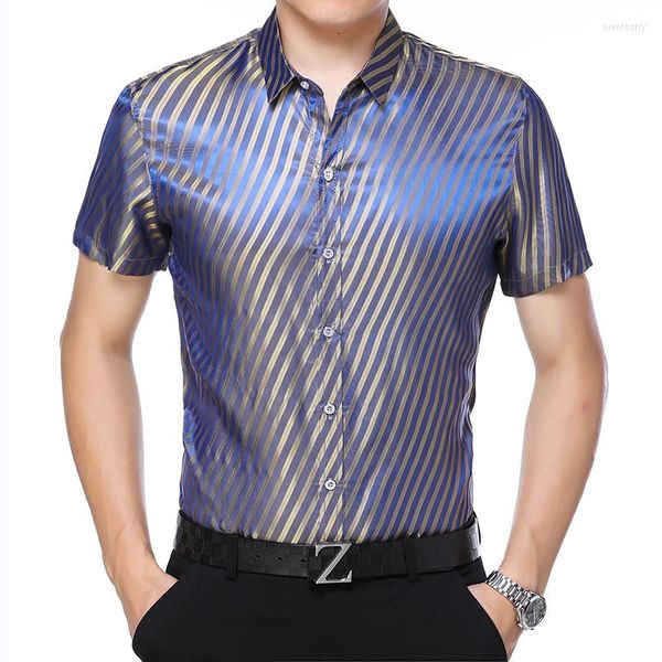 Herren l￤ssige Hemden wei￟e gro￟e Kleider Sommer 2022 Plus Gr￶￟en Seidenblau und gelbe Streifen Satin Elegante Kleidung Soziale Kleidung