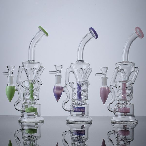 Zebra Unique Tubi per l'acqua Turbina Perc Narghilè da 10 pollici Fab Egg 14mm Giunto femmina Doppio riciclatore Bong in vetro Spessore 4mm Verde Viola Rosa Olio Dab Rigs