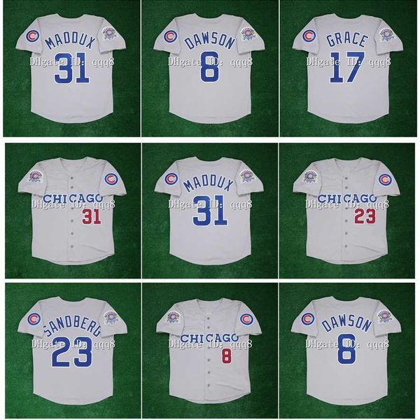 College Baseball trägt Vintage-Baseballtrikots Greg 31 Maddux 23 Ryne Sandberg 8 Andre Dawson 17 Mark Grace 1990 All Star Patch Graues Trikot