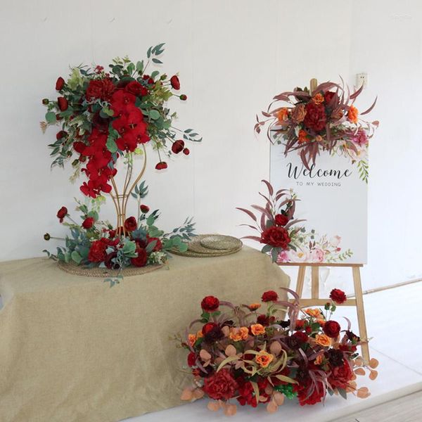 Flores decorativas Desligue o arranjo artificial Artificial Centerpipe Piede Runners Welcome Sign Red Blue Backdrop Floral Stage decoração