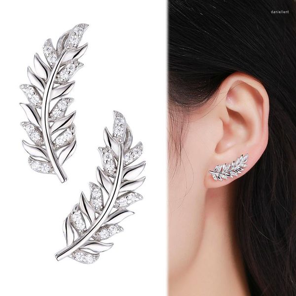 Backs Orecchini 925 Sterling Silver Feather Leaf CZ Ear Climber Stud per le donne Gioielli per ragazze Orecchini Aros Aretes Jacket Oorbellen