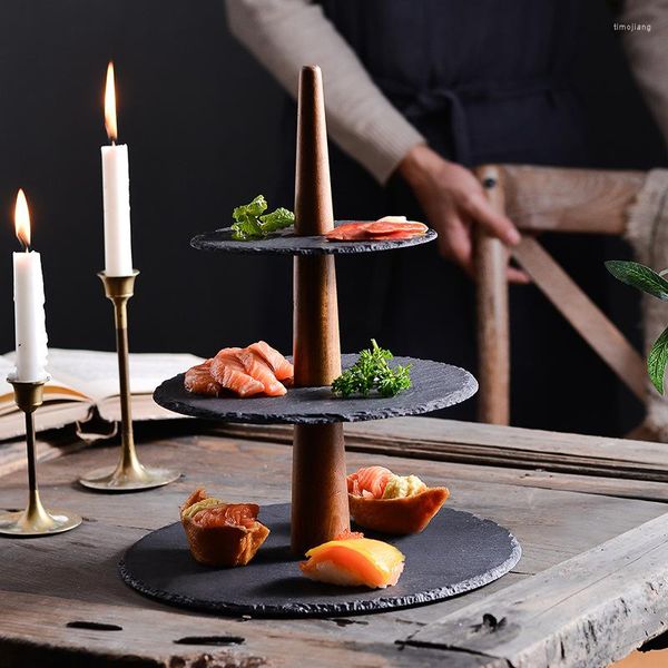 Bakeware Tools Art Retro Black Slate Sushi Plate Moderno multistrato Rock Vassoio da dessert Tavolo da tè pomeridiano Alzata per torta a tre strati