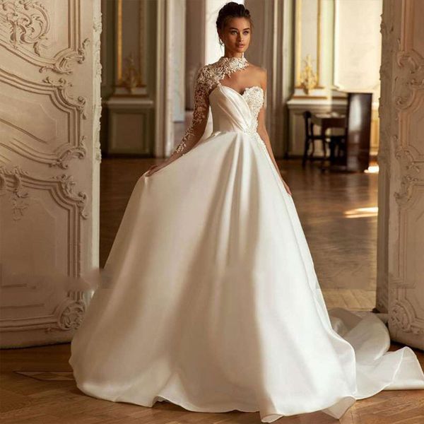 Moderno pizzo abito da sposa in raso per le donne elegante 2023 collo alto una spalla sposa abiti da sposa sexy aperto indietro abiti da noiva