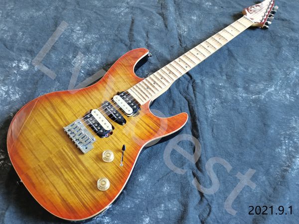 GUITAR ELÉTRICO 6 String Bolt em Maple Maple Ncond Scallop Fingerboard Dots embutido HSH Pickups Brown Burst Flame Top