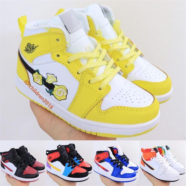 1 Mid Kids Basketball Shoes Couro de couro alternativo Multi-Color Bred Toe Dynamic Amarelo Floral Girls Boys Infant Treinadores Tamanho 22-35295f