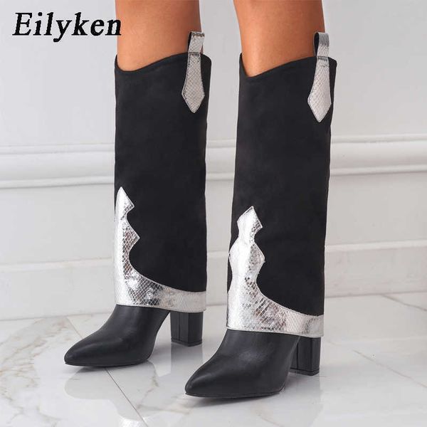 Stiefel Eilyken 2023 New Gold Silver Serpentine Spitzer Frauen Lange Knie hohe Stiefel Winterschuhe klobige Ferse weibliche Chelsea Booties 221123