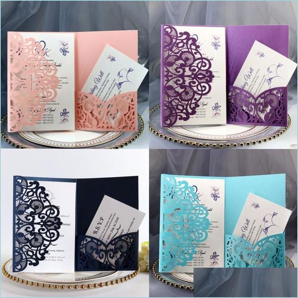 Cartões de felicitações Cartões de convite de casamento Kits Spring Flower Laser Cut Card Pocket Card para Festa de Aniversário de Pós -Graduação 10 P2 DHPRK