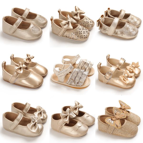 First Walkers Golden Born Baby Baptism Shoes Walking Sapatos Elegantes e Ouro Princesa Confortável Solas Sofras Nonflip 221124