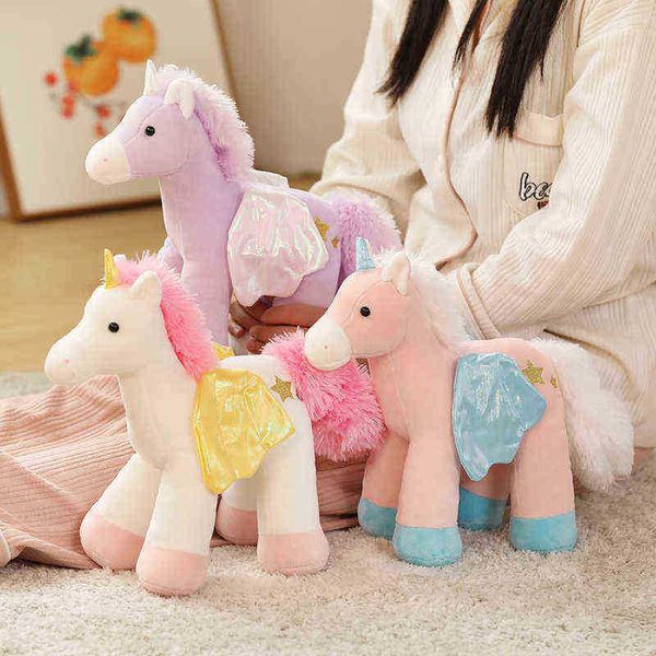 1pc 30cm красивый красочный единорог с крыльями плюшевые куклы, наполненные мягкими мультипликационными лошадьми, игрушка лошади единорога фантастический день рождения для девочек J220729