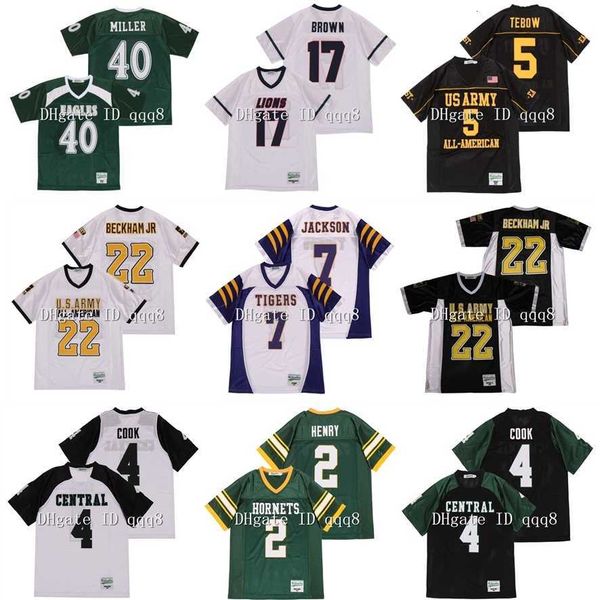 American College Football Wear High School 2 Derek Henry 4 Dalvin Cook 7 Lamar Jackson 5 Tim Tebow 40 Von Miller 17 Marquise Brown 22 Odell Beckham Jr Jersey de futebol