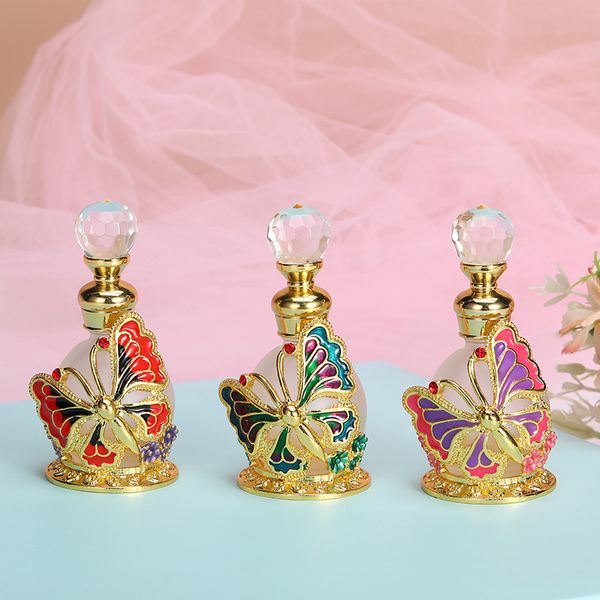60 x Arap Metal Kelebek Cam Parfüm Şişeleri Boş Dekoratif Süslü Altın Emaye Kristal Parfüm Şişesi Doldurulabilir 15ml