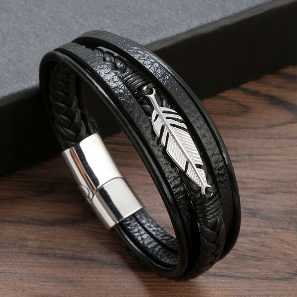 Gold Feather Leaf Charm Bracelet Bangle Cuff Stainless Steel Clasp Multilayers Wrap Genuine Leather Bracelets Wristband for Men Fashion Jewelry
