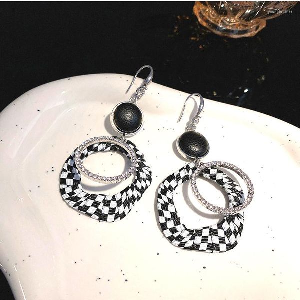 Stud Earrings Korean Fashion Inlaid Diamond Jewelry Black White Checkerboard Elegant Temperament Long Vintage Puncture For Women
