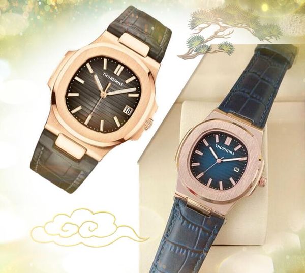 Top Brand Mens Square Simple Dial Watchs 40,5 мм Set Auge Популярные часы из нержавеющей стали кожаный ремень Кварц Блю Черный Президент Браслет.
