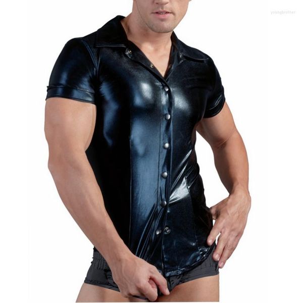 Camisetas masculinas Cffyh Black Sexy Sexy Mens Soft Faux Leather Camisa Uniforme Tamas com Snap Down Collar Novelty e Sylelish Short Slave