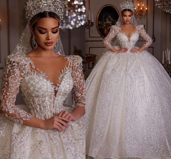 Abito da sposa con paillettes scintillante V NECK ATTICHE A TRE SANSEVE DELLA MANSEVE DELLA DUBAI MOLLAGGIO DI DUBAI MOLLEGGIO ARABICA SAUDI VEStitido de noiente