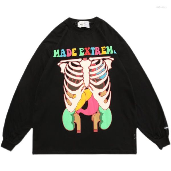 T-shirt da uomo Streetwear Maglietta oversize Harajuku Maglietta hip-hop con stampa di lettere scheletro fantasma 2022 Maglietta a maniche lunghe da uomo primavera Cotone