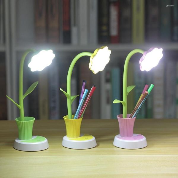 Lâmpadas de mesa Lâmpada LED Lâmpada USB Sun Flower Desk com Pen Holder Children Leiting Learning Eye Protect Night Light