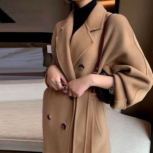 Misturas de lã feminina outono e inverno coreano casaco de lã de alta qualidade feminino clássico camelo duplo breasted solto ajuste médio longo casaco de lã 222224