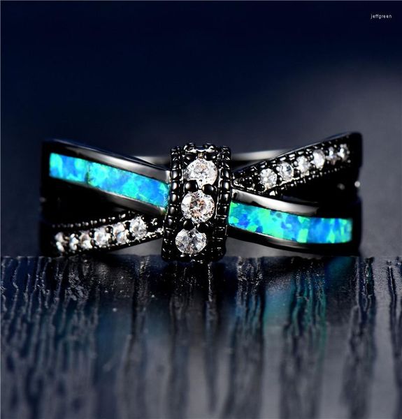 Fedi nuziali Zircone bianco Piccolo anello con pietra rotonda Carino Opale di fuoco blu Croce Vintage oro nero per gioielli di fidanzamento da donna