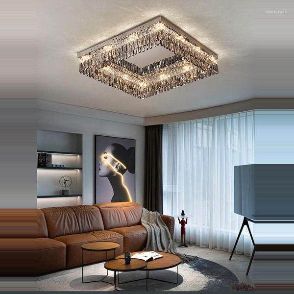 Plafoniere LED dimmerabili Quadrato Lampadario di cristallo grigio argento Lustre Lamparas De Techo Lights. Lampada da soffitto per soggiorno