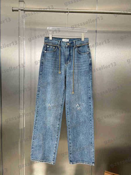 Moda feminina jeans cnl joelho bordado corrente de metal jeans algodão perna reta calças de designer de luxo roupas femininas