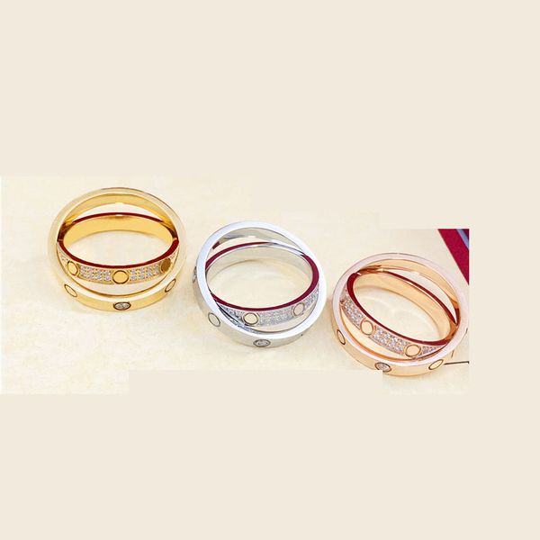 Projeto de marca clássica Two Circle Rings Titanium Steel Cubic Zirconia Anniversary Wedding noivage Band Tamanho 6-10