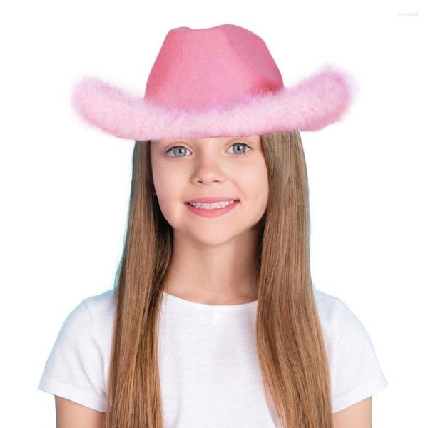 Beretti Cappelli da cowgirl illuminati in stile occidentale di tiara rosa per donna rotolata rotatura di feathe bordo per bordo da cowboy cappello da cowboy party g1l7