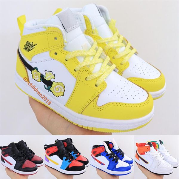 1 Mid Kids Basketball Shoes Couro de couro alternativo Multi-Color Bred Toe Dynamic Amarelo Floral Girls Boys Infant Treinadores Tamanho 22-352200