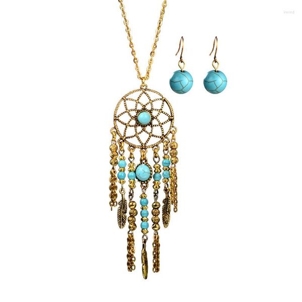Set di orecchini per collana Set di orecchini pendenti in oro antico per donne Nappa catena perline piume lunghe maglione collane gioielli