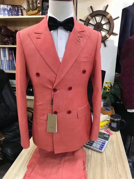 Herrenanzüge 2022 Neueste Mantel-Hose-Designs Zweireihiger rosafarbener Leinen-Herrenanzug Slim Fit Smoking Sommer Maßgeschneiderte 2-teilige Jacke Terno Herren