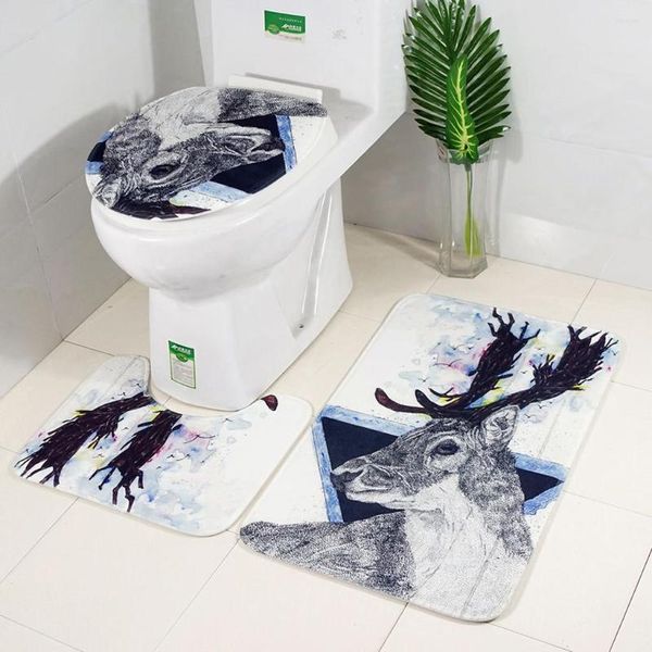 Halılar kaymaz halı seti mat üç parçalı baskı tuvalet karikatür siyah ve beyaz elk banyo 2022