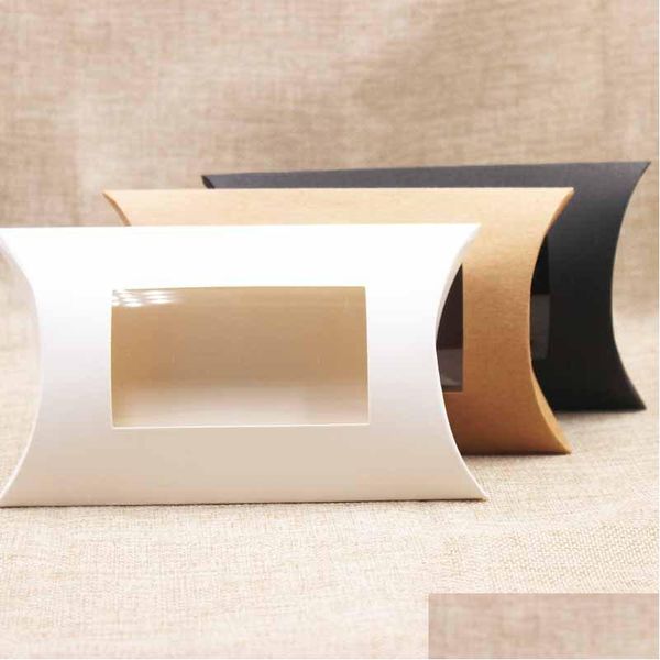 Confezione regalo Kraft Pillow Box con finestra in PVC trasparente Nero marrone bianco Forma fatta a mano Candy Sapone Confezione 255 N2 Drop Delivery Home Gar Dhqwc