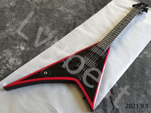 E-Gitarre, 6 Saiten, V-Form, schwarz, einfarbig, rot, Ege-eigene Kopfplattenform mit Logo-Sattel ohne Schlitz, individuell anpassbar