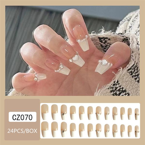 Pressione as dicas de unhas Design médio unha falsa francesa DIY com strass Love Heart Artificial Nails Conjunto