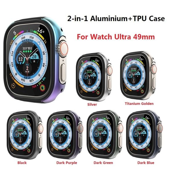 Luxuriöses 2-in-1-Gehäuse aus Aluminiumlegierung, TPU-Stoßschutzhüllen für die Apple Watch Ultra 49 mm, kratzfeste Hartmetall-Uhrenabdeckung