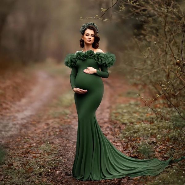 2023 Abiti da ballo Sirena Verde scuro Khaki Abito premaman africano Abiti per servizio fotografico o baby shower Chic Women Ruffles Maniche lunghe Fotografia Abito da festa