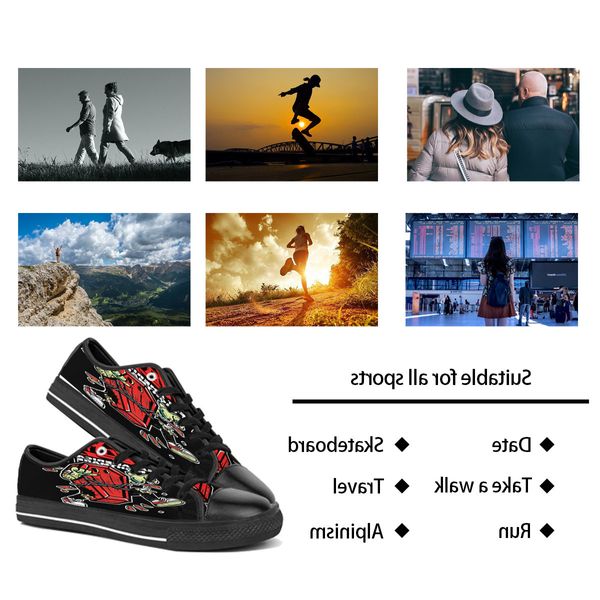 Männer Frauen DIY individuelle Schuhe Low Top Canvas Skateboard Sneakers Triple Black Individualisierung UV-Druck Sport Sneakers Dongwu 181-4