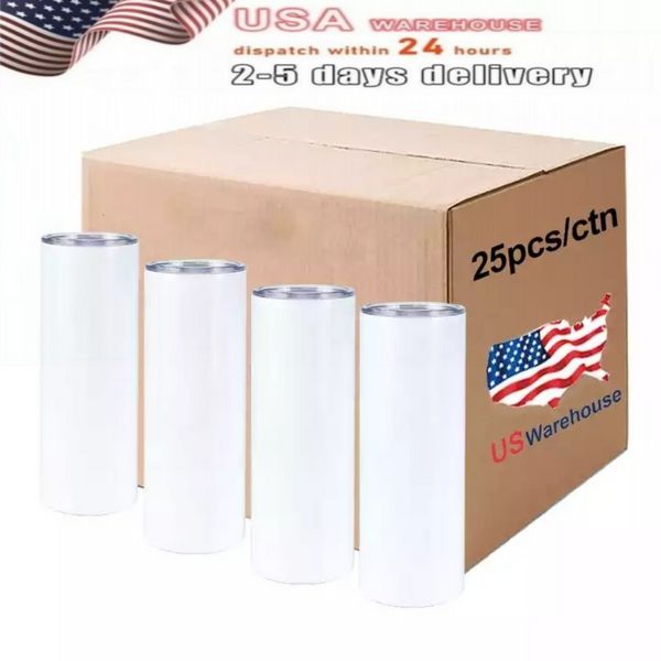 USA Warehouse 20 oz Edelstahl-Wärmeübertragungsdruckbecher, vakuumisolierte, dünne, gerade Sublimationsbecher ss1125