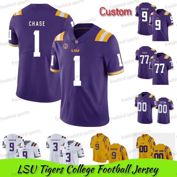 LSU Tigers 2 Jefferson Football Jersey 3 Odell Beckham Jr. Burrow 1 Chase Delpit Fournette Peterson Mathieu 7 White Purple College Maglie Personalizzate Uomo Donna Bambini Gioventù