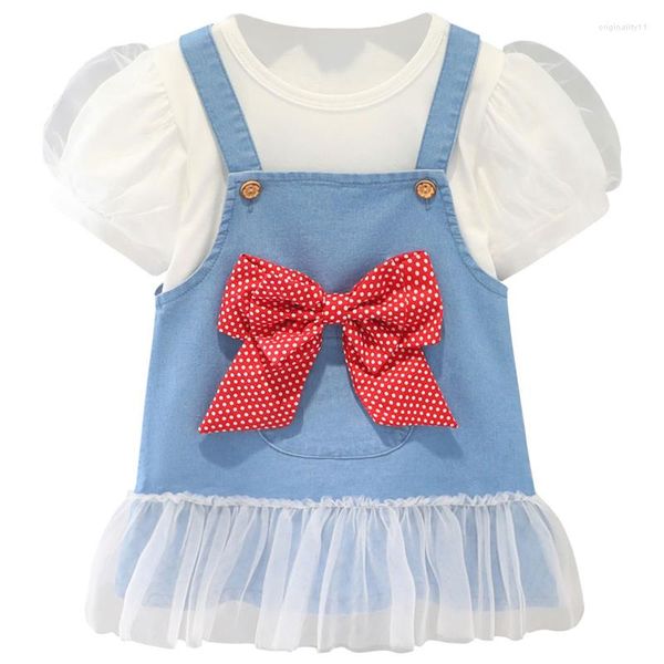 Roupas Conjuntos 2022 Meninas de verão Criança infantil de renda infantil Bowkont Denim Dress Infant 2 peças roupas de bebê roupas para crianças roupas