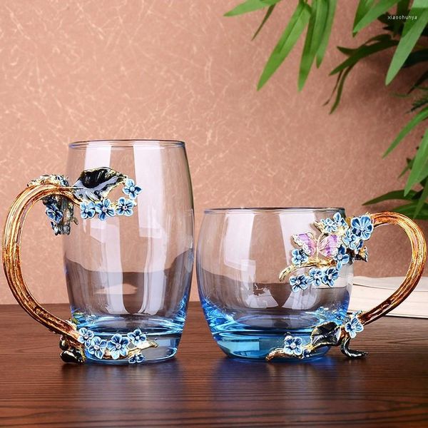 Canecas azuis rosa esmalte rosa cristal borboleta xícaras de vidro de alta qualidade xícara de chá de chá e bebidas geladas Presente de casamento perfeito
