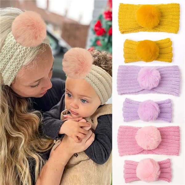 2PCS Mutter Kinder Stirnbänder Pom Pom Gestrickte Baby Stirnbänder für Mädchen Jungen Haar Zubehör Kunstpelz Ball Neugeborenen headwear