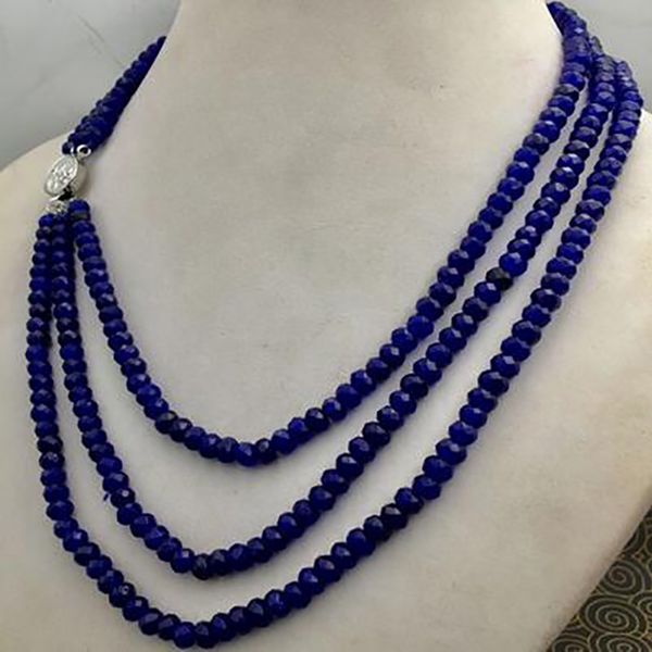 ENORME 2x4mm Natural Blue Sapphire Faceted Beads Necklace 3 fila 18-20 ''