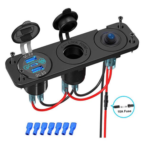 Soc￣o de carregador de carro PD Tipo C 12V / 24V Alum￭nio QC3.0 Duplo USB Fast Charger Socket Powerlet para motocicleta de barco marinho