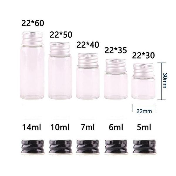 Barattoli per bottiglie di stoccaggio 50 pezzi 5 ml 6 ml 7 ml 10 ml 14 ml bottiglia di vetro trasparente con tappo in alluminio 1/3 oz piccole fiale per uso di olio essenziale 458 Dhkrx