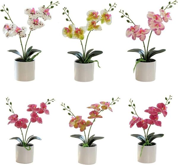 Fiori decorativi Fiore di orchidea artificiale Bonsai con vaso Disposizione in vaso finta Phalaenopsis bianco per la tavola della decorazione dell'home office