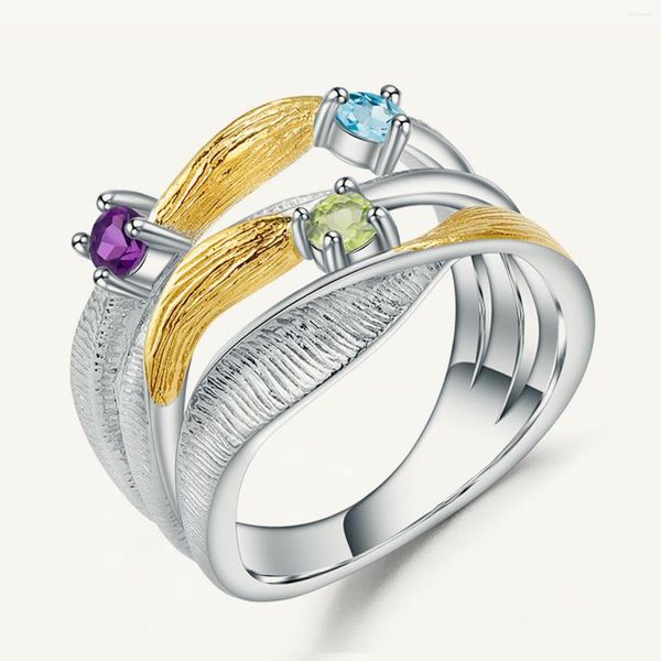 Küme Yüzük Gem'in Balesi 925 STERLING Gümüş Orijinal Twist Band Ring Natural Peridot Ametist Topaz Taşları Kadınlar İçin Düğün