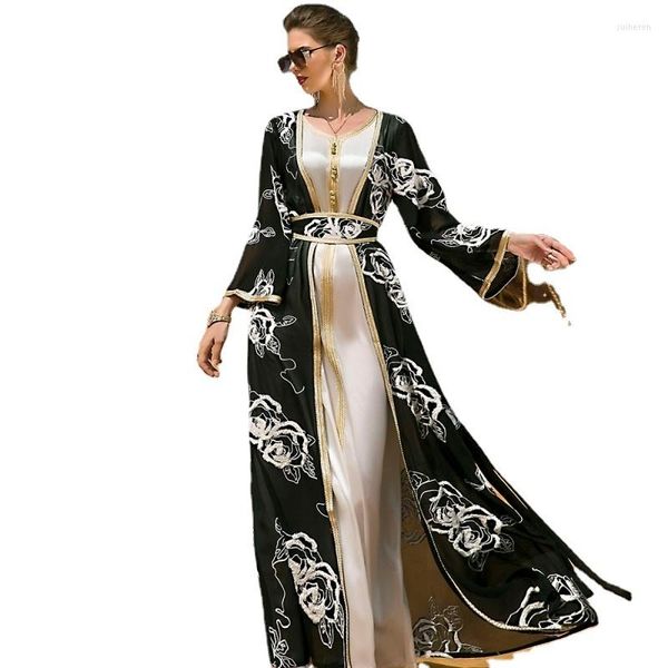 Abbigliamento etnico Africa Vestidos Arabian Fiore bianco e nero Ricamo Due pezzi Set Donna Abaya Abito lungo elegante Indie Folk Robe